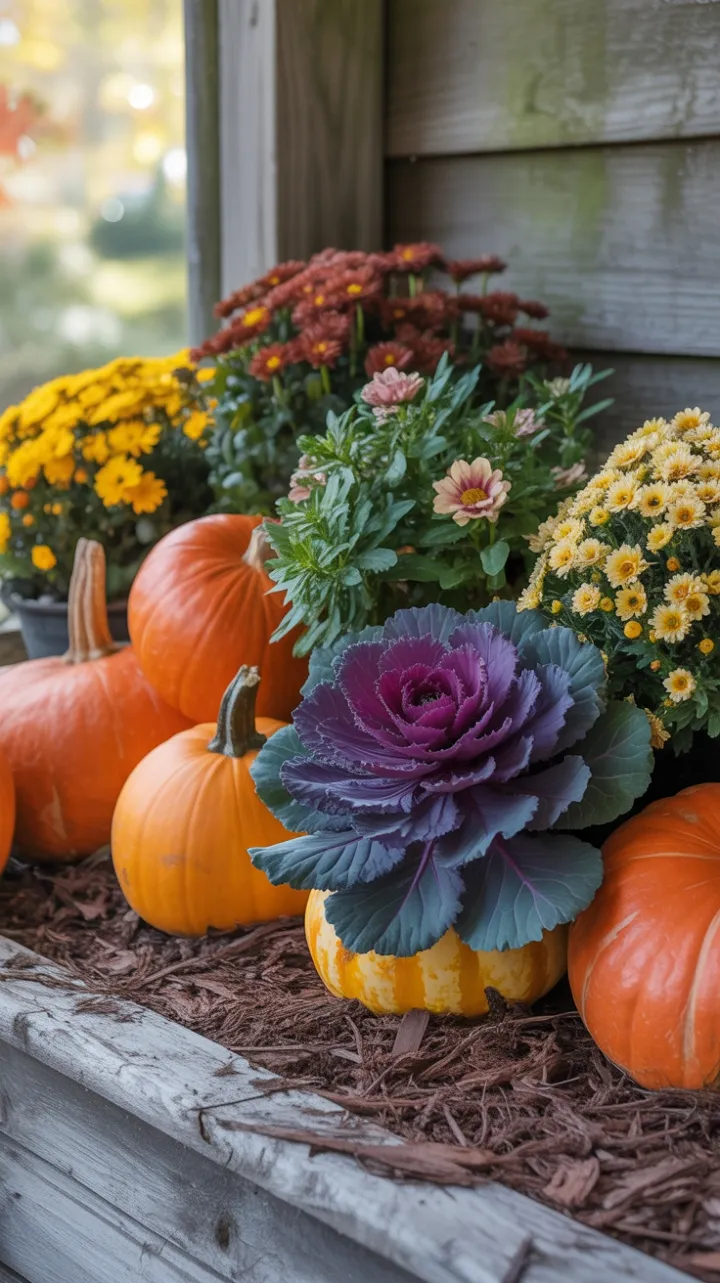 Cozy Porch Planter Brimming with Pumpkins and Autumn Blooms