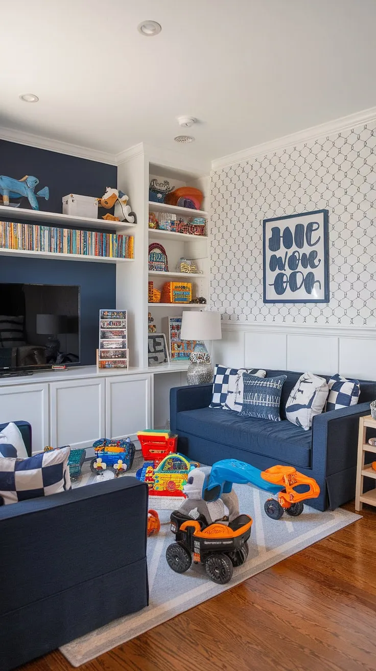 This dream kids playroom, a perfect family playroom combo, seamlessly blends fun and relaxation.  The playroom with a TV offers endless entertainment, while clever basement playroom storage solutions keep things tidy.  Rec room playroom ideas come to life in this boy playroom decor, transforming a bedroom to playroom into a haven of imaginative play.  A comfy couch, perfect for movie nights, completes this toy room with couch, showcasing exceptional playroom design for kids and a little boys playroom that's truly inspiring.
