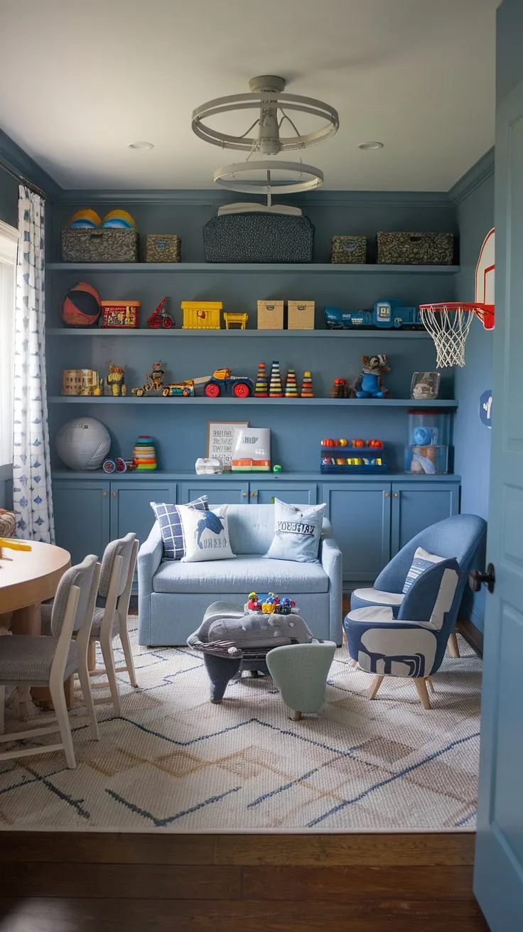 Step into this little boys playroom, a haven of imagination and fun!  This dream kids playroom boasts a fantastic family playroom combo, cleverly incorporating basement playroom storage to keep things tidy.  The playroom with a TV offers the perfect spot for movie nights, while the comfy seating makes it ideal for playtime and relaxation.  Get inspired by this rec room playroom ideas masterpiece, featuring boy playroom decor that's both stylish and practical.  Consider this a blueprint for your own bedroom to playroom transformation, a true toy room with couch that's every kid's dream.