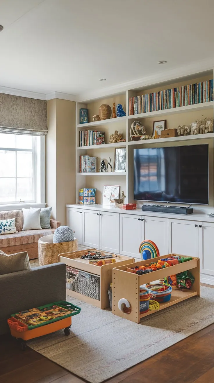 Transforming a spare bedroom to playroom? This boy playroom decor showcases brilliant rec room playroom ideas, creating a dream kids playroom.  The playroom with a TV offers a perfect balance of fun and relaxation, while smart basement playroom storage keeps the toy room with couch clutter-free.  This family playroom combo is the ultimate playroom design for kids, a haven of imaginative play for little boys.