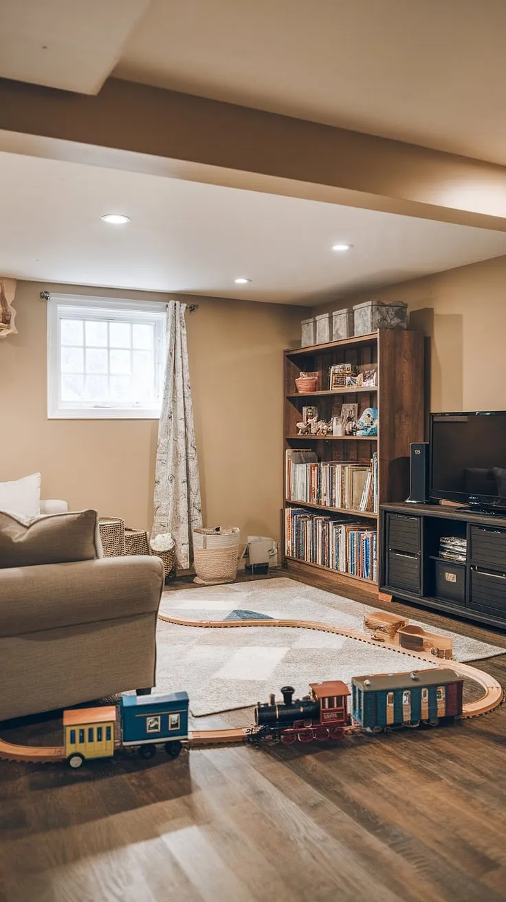 From bedroom to playroom, this basement transformation is a masterclass in playroom design for kids.  This little boys playroom boasts a family playroom combo, seamlessly blending relaxation with playtime.  The rec room playroom ideas are evident in the thoughtful use of space, including basement playroom storage solutions within the bookshelf.  A comfy couch and playroom with a TV complete this dream kids playroom, showcasing stylish boy playroom decor.