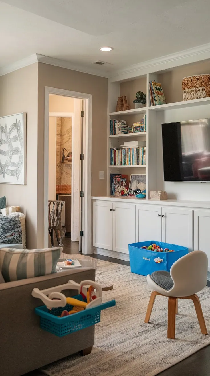 This family playroom combo is the ultimate dream kids playroom, seamlessly blending rec room playroom ideas with clever basement playroom storage.  The comfy couch and bookshelf create a cozy reading nook, while the toy bin keeps things tidy.  Perfect for little boys' playroom fun, this playroom design for kids offers a space for both active play and quiet time.  Transforming a bedroom to playroom has never been easier!