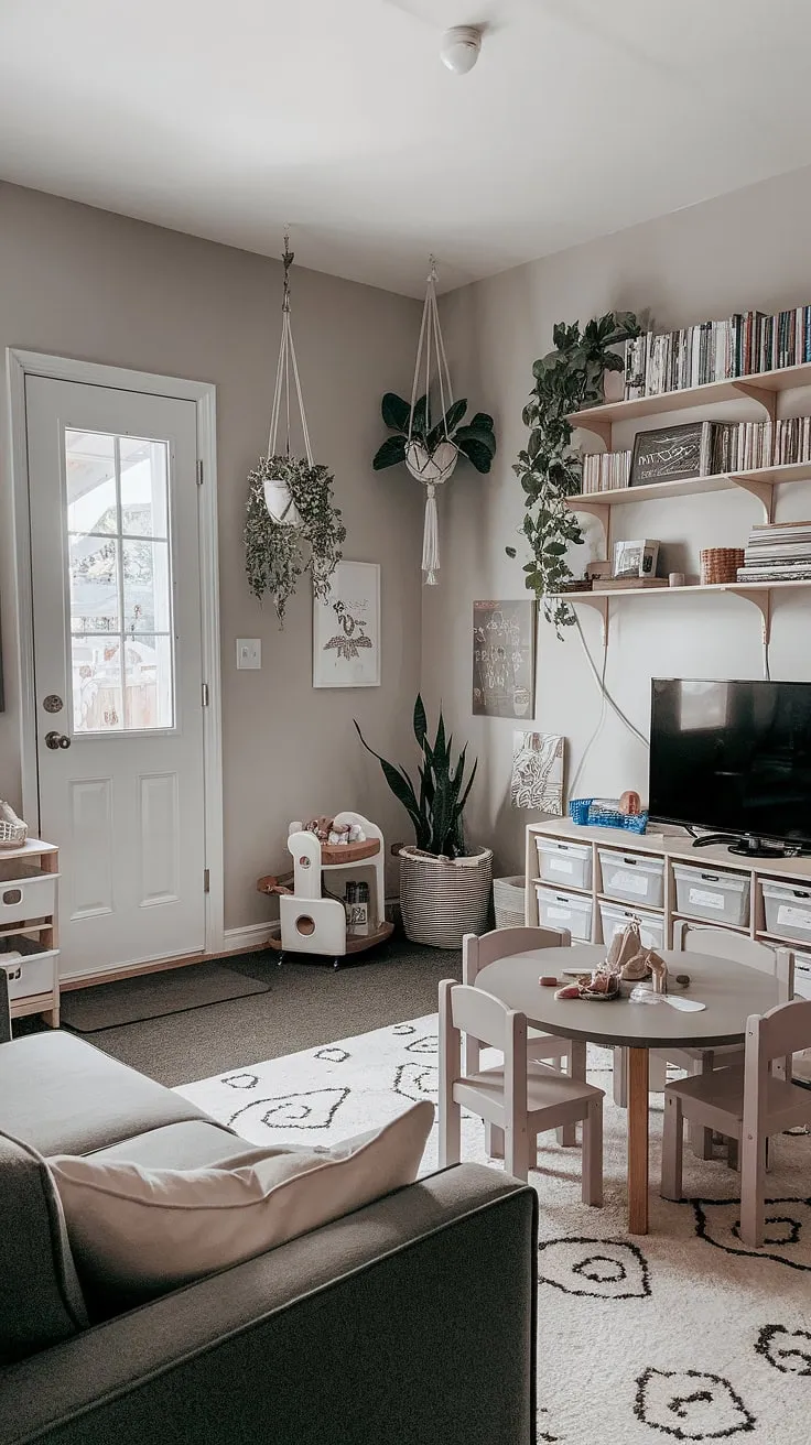 Transforming a spare bedroom into a little boys playroom? This toy room with couch and TV is the perfect rec room playroom ideas inspiration.  The grey walls provide a calming backdrop for the playful energy, while smart basement playroom storage keeps things tidy.  This family playroom combo is a dream kids playroom, offering a space for both play and relaxation.  The playroom design for kids is both stylish and functional.
