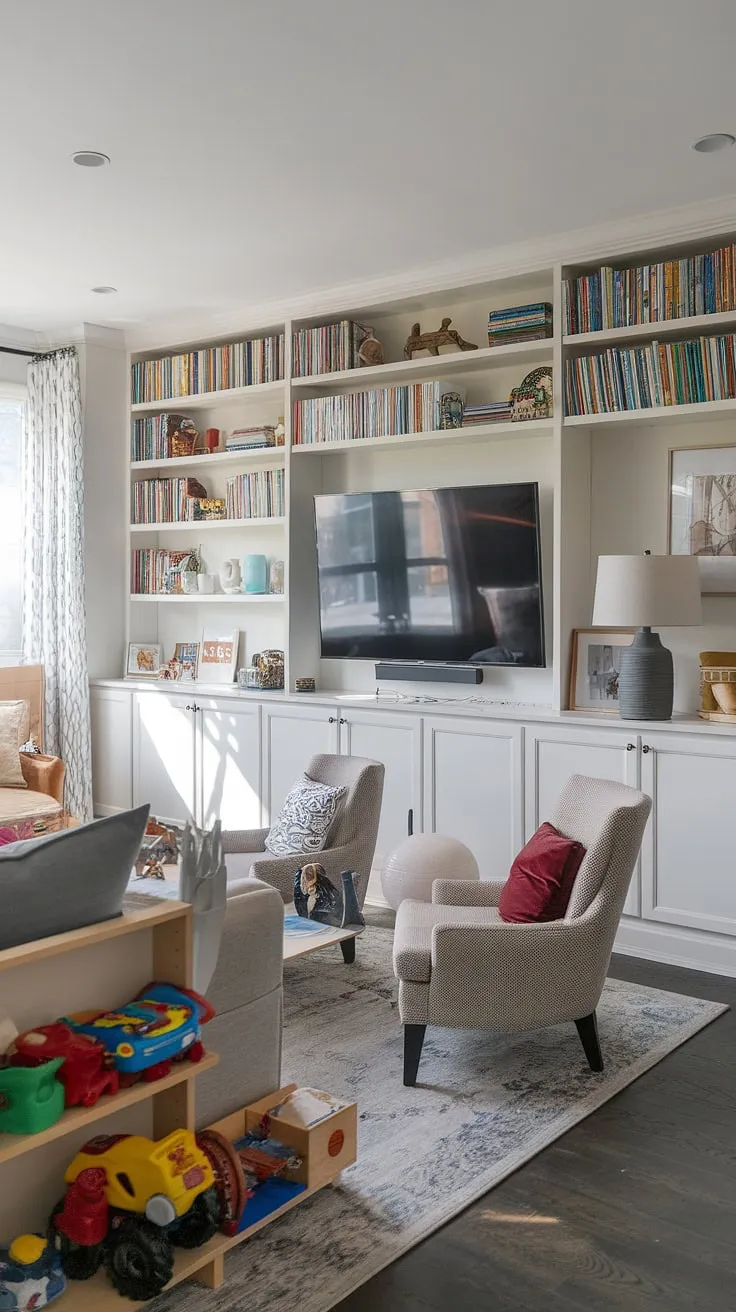 This family playroom combo is the ultimate rec room playroom idea, seamlessly blending relaxation and fun.  The toy room with couch offers a cozy spot for family movie nights, while clever basement playroom storage keeps things tidy.  Perfect playroom design for kids, especially a little boys playroom, transforming a bedroom to playroom into a dream kids playroom with thoughtful boy playroom decor.