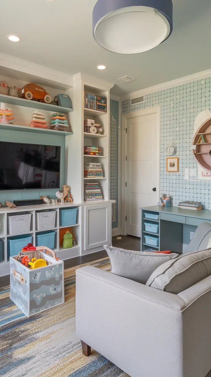 From bedroom to playroom, this transformation is a testament to creative playroom design for kids.  This little boys playroom boasts a family playroom combo that's both stylish and practical.  The playroom with a TV offers entertainment, while ample basement playroom storage keeps things tidy.  A comfy couch in this toy room with couch creates a cozy reading nook, making it a dream kids playroom.  Explore these rec room playroom ideas for your own space, incorporating thoughtful boy playroom decor and clever storage solutions.