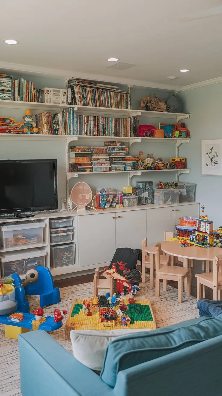 Transforming a spare bedroom into this little boys playroom was a dream come true!  This playroom design for kids balances fun and functionality, with ample basement playroom storage and a comfy couch for grown-ups.  The rec room playroom ideas here are perfect for family time, with a TV for movie nights and plenty of space for imaginative play.  This toy room with a couch is the ultimate family playroom combo, creating a dream kids playroom that's both stylish and practical.