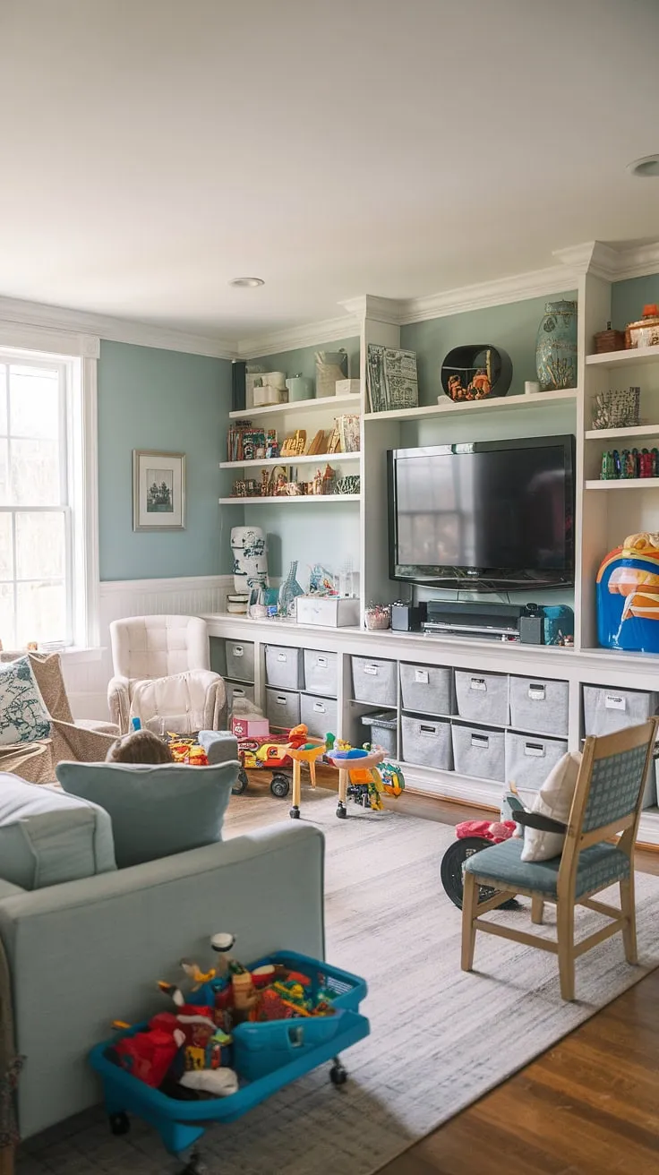 This family playroom combo is the ultimate rec room playroom idea, seamlessly blending relaxation and playtime.  The playroom with a TV offers the perfect balance for family movie nights, while clever basement playroom storage keeps toys organized.  Transforming a bedroom to playroom? This little boys playroom, with its boy playroom decor and comfy couch, is the dream kids playroom design for kids of all ages.