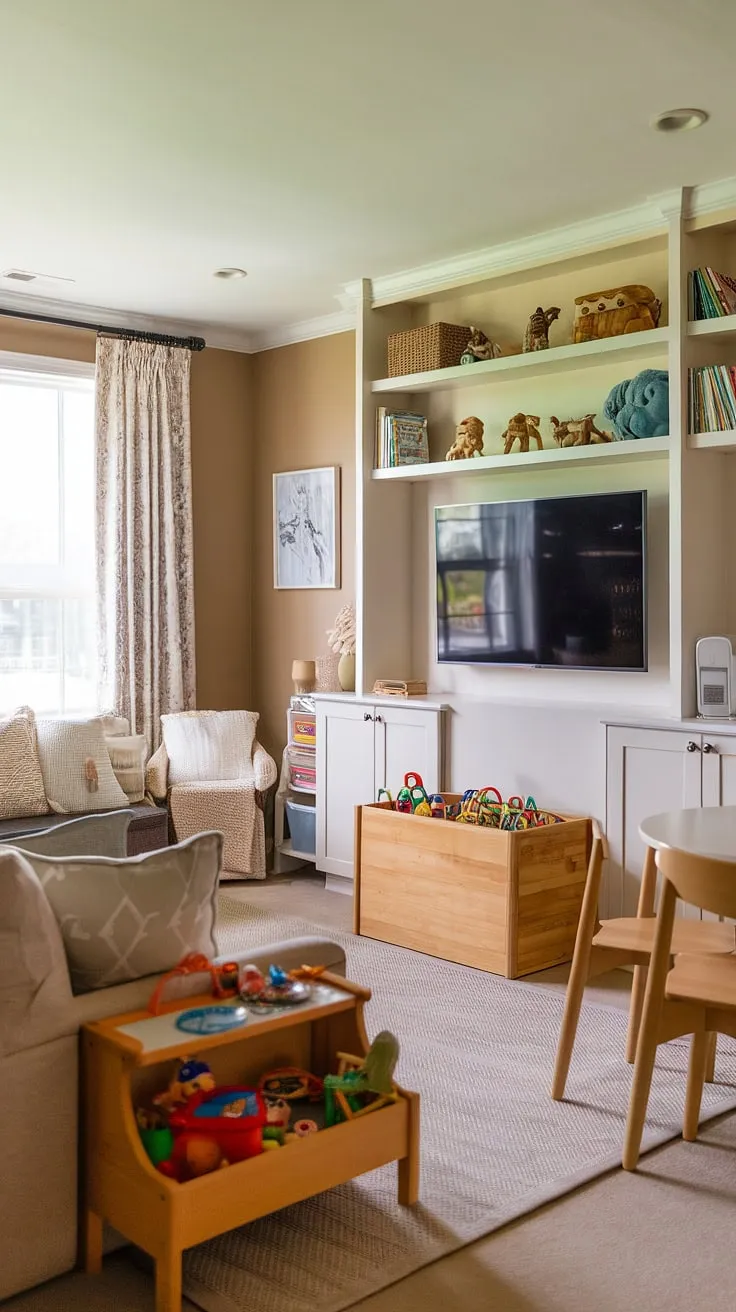 Transforming a spare bedroom to playroom? This toy room with couch is the perfect rec room playroom ideas inspiration.  The family playroom combo cleverly incorporates basement playroom storage, keeping the little boys playroom organized and clutter-free.  A playroom with a TV adds a touch of grown-up fun, while the overall playroom design for kids is both stylish and practical. This dream kids playroom is the perfect blend of comfort and play, making it a space the whole family will love.  Boy playroom decor is subtly incorporated, creating a space that's both fun and sophisticated.