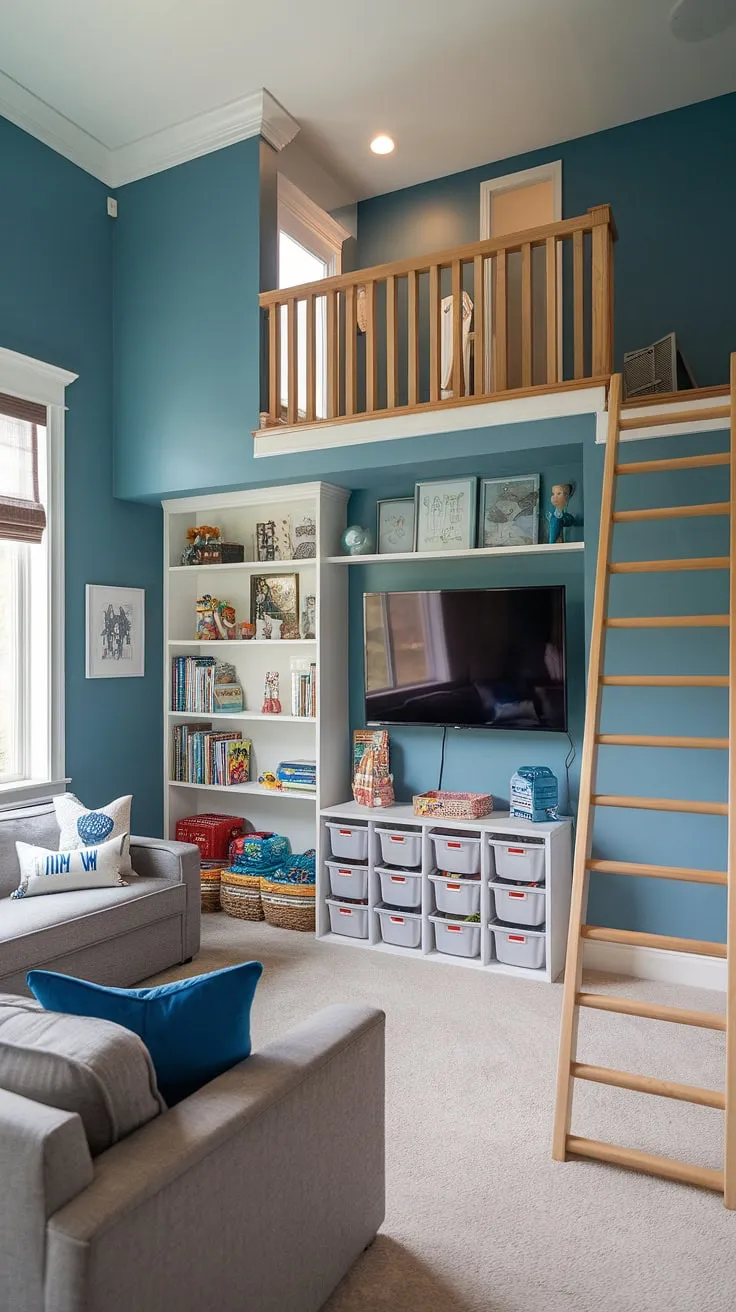 Transforming a bedroom into a vibrant little boys playroom? This rec room playroom design is bursting with inspiration!  From the thoughtful basement playroom storage to the cozy toy room with couch and playroom with a TV, every detail is considered.  This family playroom combo is a testament to smart playroom design for kids, offering a dream kids playroom where imagination runs wild.  The blue walls and wooden ladder add to the unique boy playroom decor.
