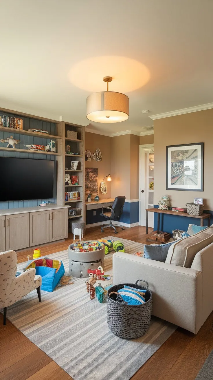 This family playroom combo is the ultimate dream kids playroom!  A perfect blend of rec room playroom ideas, it seamlessly integrates a cozy couch for movie nights with ample basement playroom storage and a dedicated play area.  The boy playroom decor, complete with a desk for homework, makes it a versatile space for learning and play.  Transforming a bedroom to playroom? This design for kids offers inspiration for creating a little boys playroom that's both fun and functional.