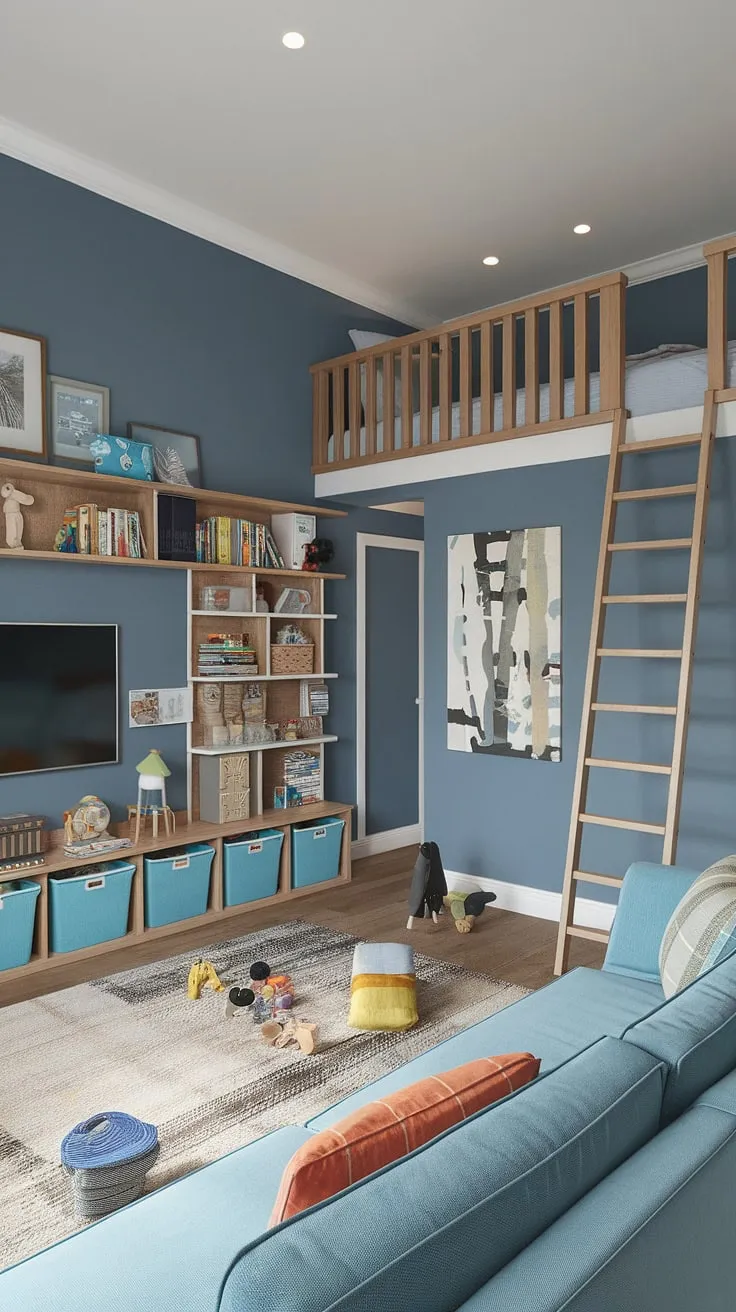Transforming a spare room into a dream kids playroom? This boy playroom decor showcases brilliant rec room playroom ideas, including smart basement playroom storage and a clever bedroom to playroom conversion.  A comfy couch, a dedicated toy room with couch, and a loft bed create a magical space for imaginative play.  This family playroom combo, complete with a TV, is the perfect playroom design for kids, offering both fun and functionality.
