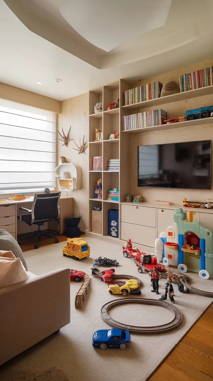 Transforming a spare room into a dream kids playroom? This family playroom combo is the perfect inspiration.  Featuring a cozy couch, a dedicated workspace, and ample basement playroom storage, this little boys playroom offers the best of both worlds.  The playroom with a tv provides entertainment for everyone, while the thoughtful playroom design for kids ensures a space that's both fun and functional.  From the toy room with couch to the carefully curated boy playroom decor, this rec room playroom idea showcases how to effortlessly convert a bedroom to playroom.