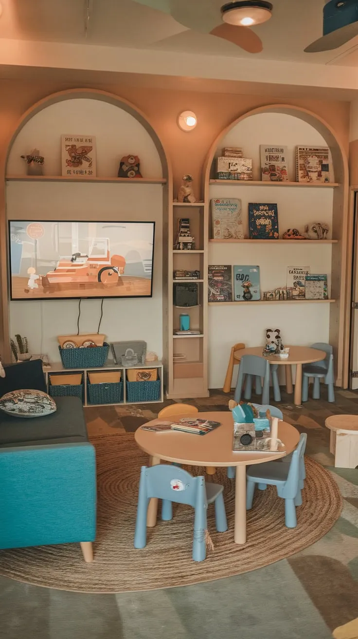 Transforming a spare room into a magical playroom with a TV? This boy playroom decor showcases smart playroom design for kids, incorporating ample basement playroom storage.  The result? A family playroom combo that's both stylish and practical, perfect for movie nights and playtime fun.  This toy room with couch is the ultimate rec room playroom ideas brought to life, a dream kids playroom for any little boys playroom.