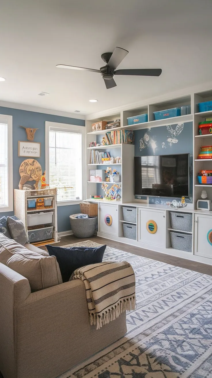 Reclaim your basement and create the dream kids playroom of your little boy's dreams! This family playroom combo cleverly combines a playroom with a TV, a dedicated toy room with a couch, and smart basement playroom storage solutions.  Perfect rec room playroom ideas for a fun and functional space, showcasing inspiring playroom design for kids and stylish boy playroom decor.  Transforming a bedroom to playroom has never been easier!