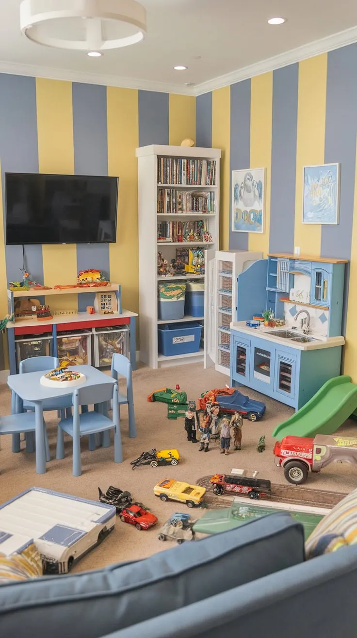 This dream kids playroom, a perfect family playroom combo, seamlessly blends fun and function.  The boy playroom decor, featuring a toy room with couch and clever basement playroom storage solutions, transforms this rec room playroom idea into a little boys playroom paradise.  A playroom with a TV adds to the entertainment, while the playroom design for kids prioritizes imaginative play with a train table, slide, and ample space for building blocks and action figures.  Converting a bedroom to playroom couldn't be more inspiring!