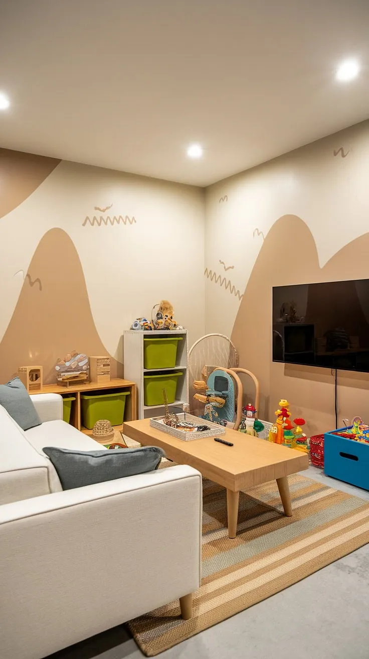 Transforming a bedroom to playroom? This boy playroom decor showcases a stunning playroom with a tv, perfect for family movie nights.  The toy room with couch offers a cozy spot for reading or relaxing after playtime.  Smart basement playroom storage solutions, like the green shelving unit, keep toys organized in this family playroom combo.  This rec room playroom ideas inspiration creates a dream kids playroom where little ones can play, relax, and dream.
