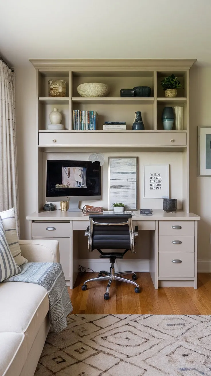 This living room office combo showcases how a desk in the living room doesn't have to mean sacrificing style.  The desk behind couch setup, featuring a stylish credenza desk and carefully chosen office furniture, offers a practical and aesthetically pleasing solution for living room designs in small spaces.