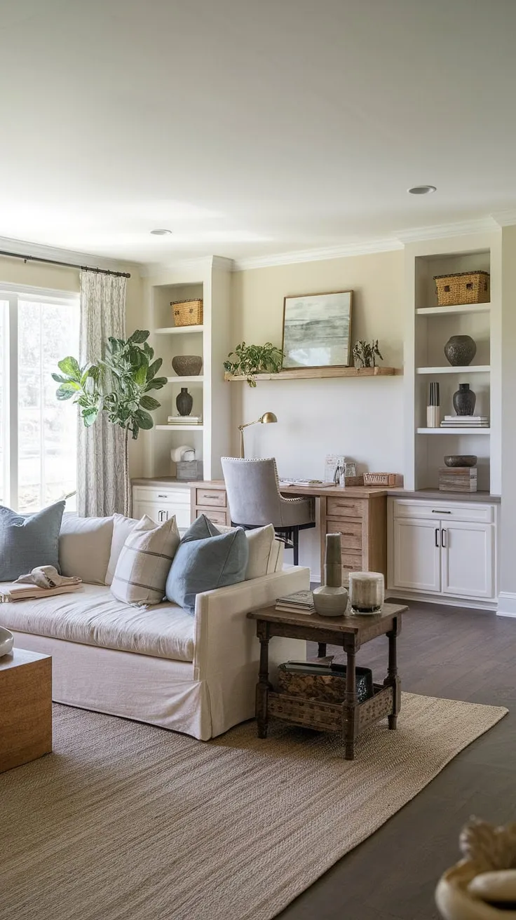 This living room office combo effortlessly integrates work and relaxation.  A desk in living room, specifically a stylish credenza desk placed discreetly behind the couch, offers a functional yet aesthetically pleasing solution for those seeking a dedicated workspace within their family room.  Ideal for living room designs in small spaces.