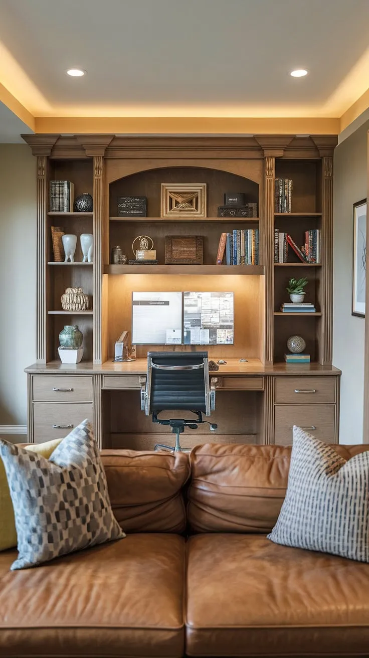 Cozy and functional: This family room office combo cleverly uses a credenza desk placed behind the couch, maximizing space in this charming living room design for small spaces.  The perfect blend of living room and office furniture creates a warm and inviting atmosphere, proving that a desk in the living room can be both stylish and practical.