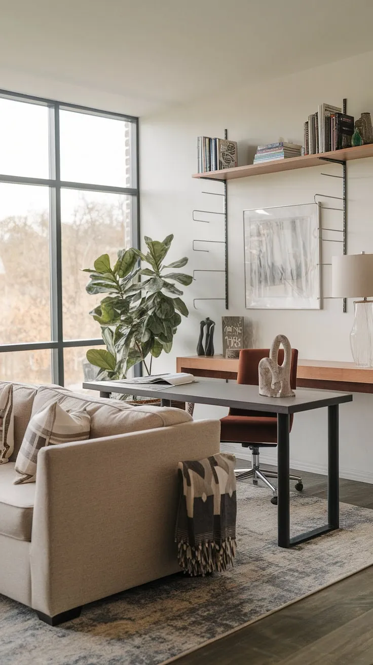 Maximize space and style with this family room office combo.  The desk behind the couch, a clever solution for small living room designs, creates a seamless blend of work and relaxation.  The credenza desk, paired with thoughtfully chosen office furniture, adds a touch of sophistication.