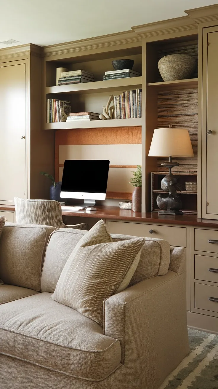 Maximize space and style with this clever family room office combo.  The desk behind the couch solution is perfect for small living room designs, creating a dedicated workspace without sacrificing comfort.  The added credenza desk provides ample office furniture storage.