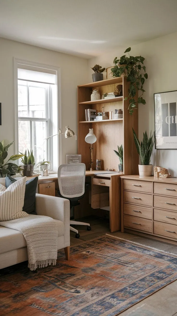Maximize space and style with this family room office combo.  A desk tucked behind the couch cleverly creates a dedicated workspace without sacrificing living room comfort. The credenza desk adds extra storage, showcasing smart office furniture solutions perfect for living room designs in small spaces.  This setup proves a desk in the living room can be both functional and aesthetically pleasing.