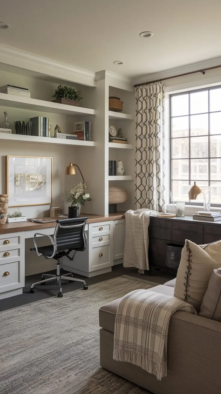 This living room office combo seamlessly blends work and family life.  The desk behind the couch creates a discreet workspace, while the stylish credenza desk offers additional surface area.  This smart arrangement showcases how to incorporate a desk in the living room, even with limited square footage.  Office furniture is integrated effortlessly into these living room designs for small spaces.