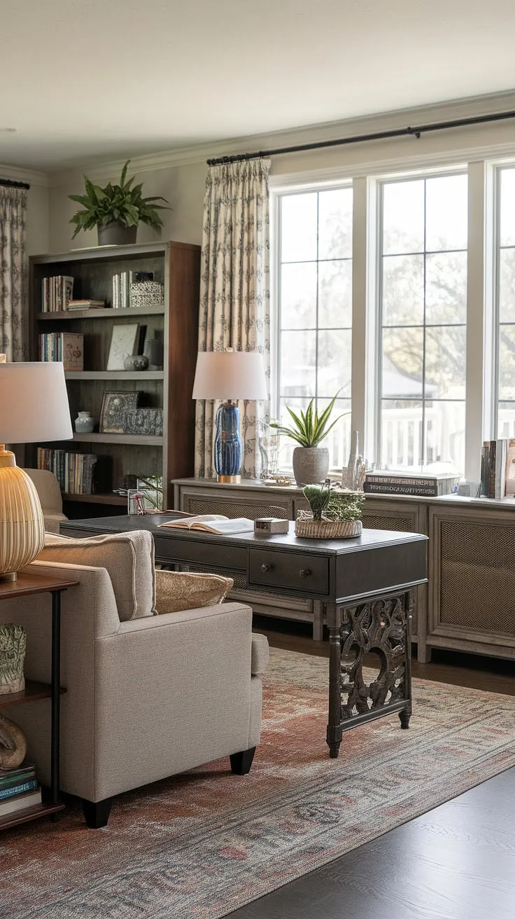 Maximize space and style with this family room office combo.  The desk behind the couch, cleverly tucked away, creates a dedicated workspace without sacrificing living room comfort.  A credenza desk under the window adds extra storage, showcasing smart living room designs for small spaces and efficient office furniture placement.