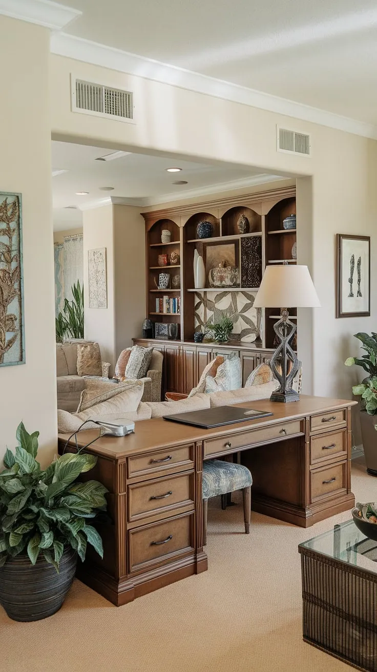 Sunlight streams into this cleverly designed family room office combo, where a credenza desk tucked behind the couch maximizes space and style.  The perfect blend of living room designs for small spaces, showcasing how seamlessly office furniture can integrate into a comfortable home.