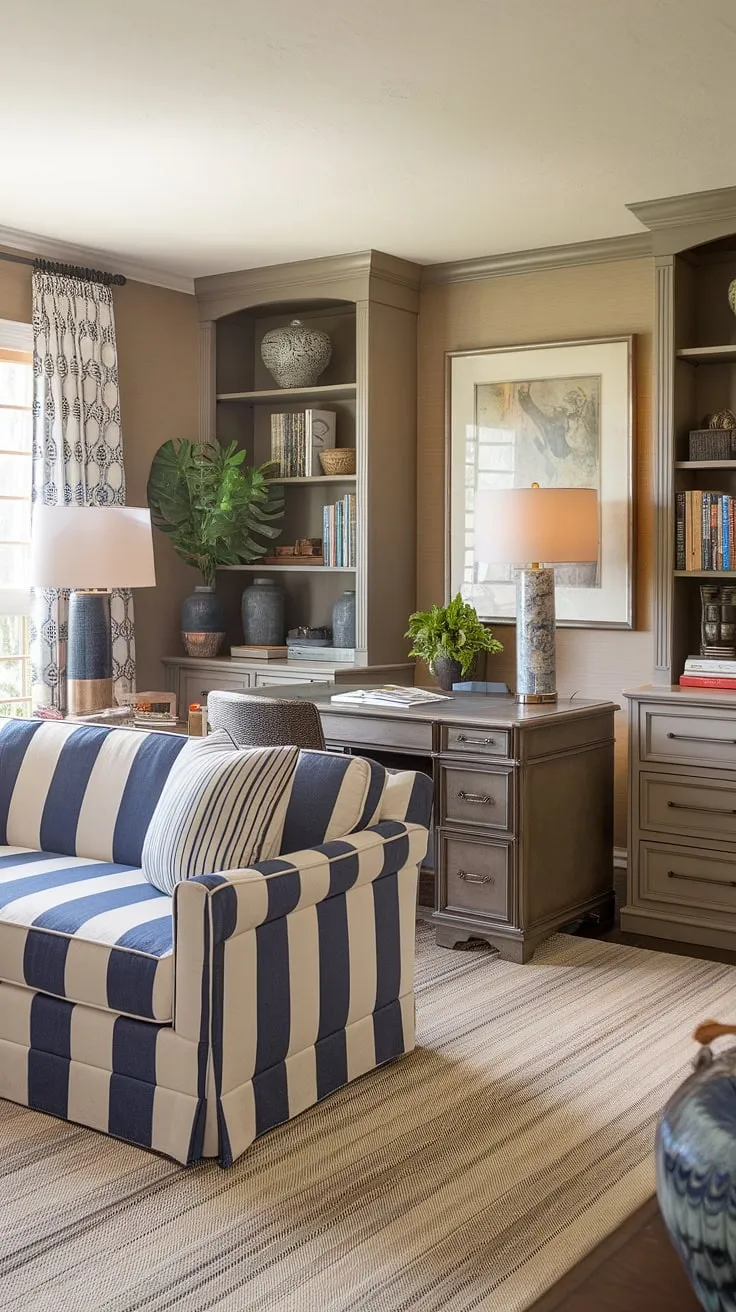 Seamlessly blending work and family life, this family room office combo design maximizes space with a desk behind the couch, creating a stylish and functional living room office combo.  The credenza desk provides ample storage, while the carefully chosen office furniture complements the living room designs for small spaces, proving that a desk in the living room can be both practical and aesthetically pleasing.