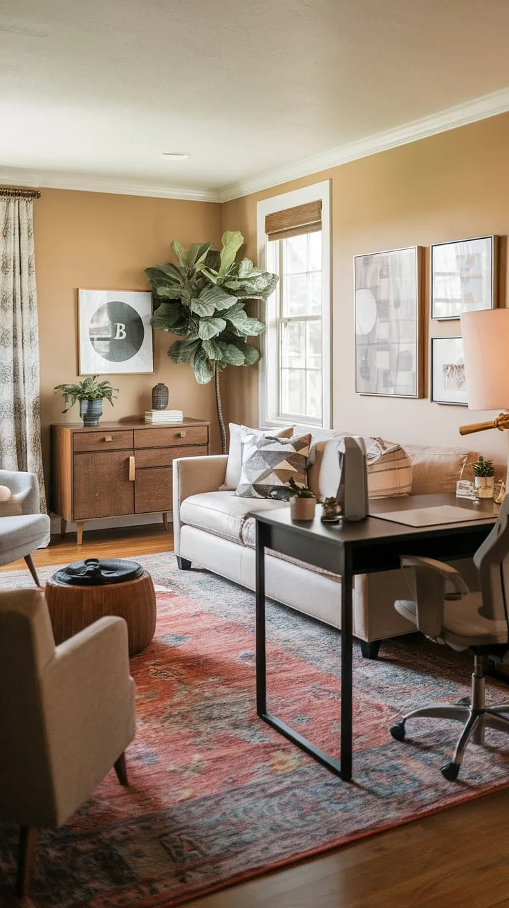 Transforming a small living room into a functional living room office combo is easy with smart furniture choices.  A desk in the living room, positioned strategically behind the couch, creates a dedicated workspace without sacrificing living space. This setup, featuring a credenza desk and thoughtfully chosen office furniture, proves that even small spaces can accommodate both work and family life.