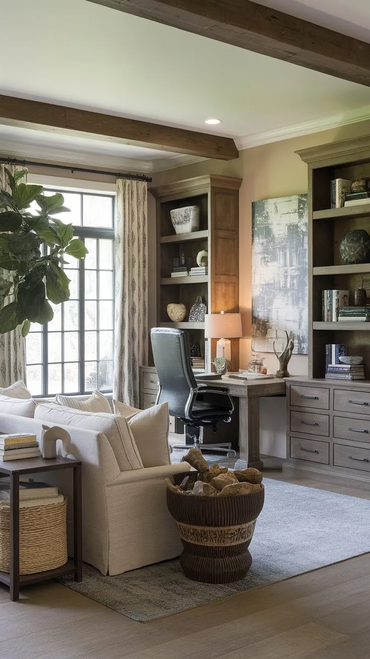 This living room office combo proves that a productive workspace doesn't have to sacrifice comfort.  The desk in the living room, cleverly tucked behind the couch, creates a functional yet inviting atmosphere.  The rustic design and credenza desk add warmth, making this small space feel both stylish and efficient.  Perfect examples of living room designs for small spaces and smart office furniture choices.