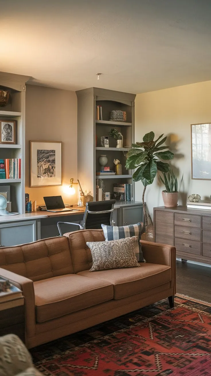 This living room office combo effortlessly blends work and relaxation.  A desk in the living room, cleverly positioned behind the couch, creates a dedicated workspace without sacrificing precious living space.  The credenza desk adds both functionality and style, complemented by carefully chosen office furniture.  Perfect for those seeking inspiration in living room designs for small spaces.
