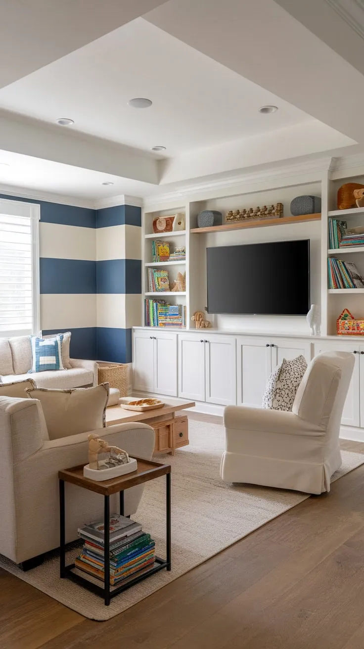 A cozy basement family room boasts a playful blue-and-white striped design perfect for family fun and movie nights