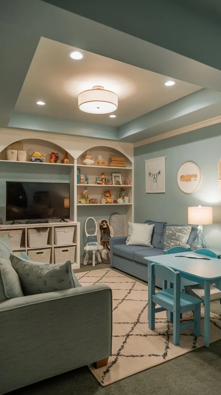 A cozy basement family room offers playful fun with a TV, comfy seating, and toy-filled shelves in a soft blue haven