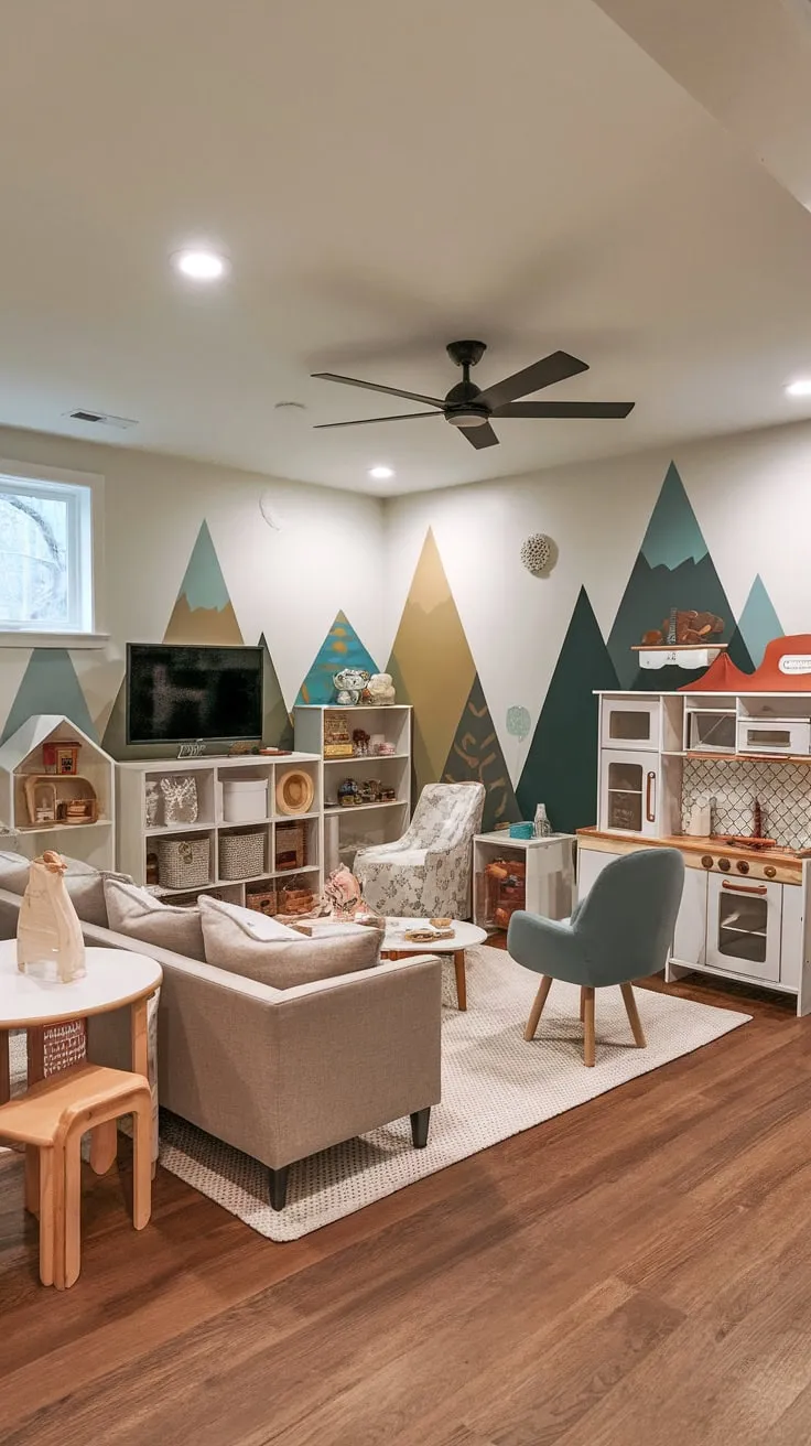 A cozy basement family room transforms into a vibrant play space complete with a TV, toys galore, and a whimsical mountain mural.