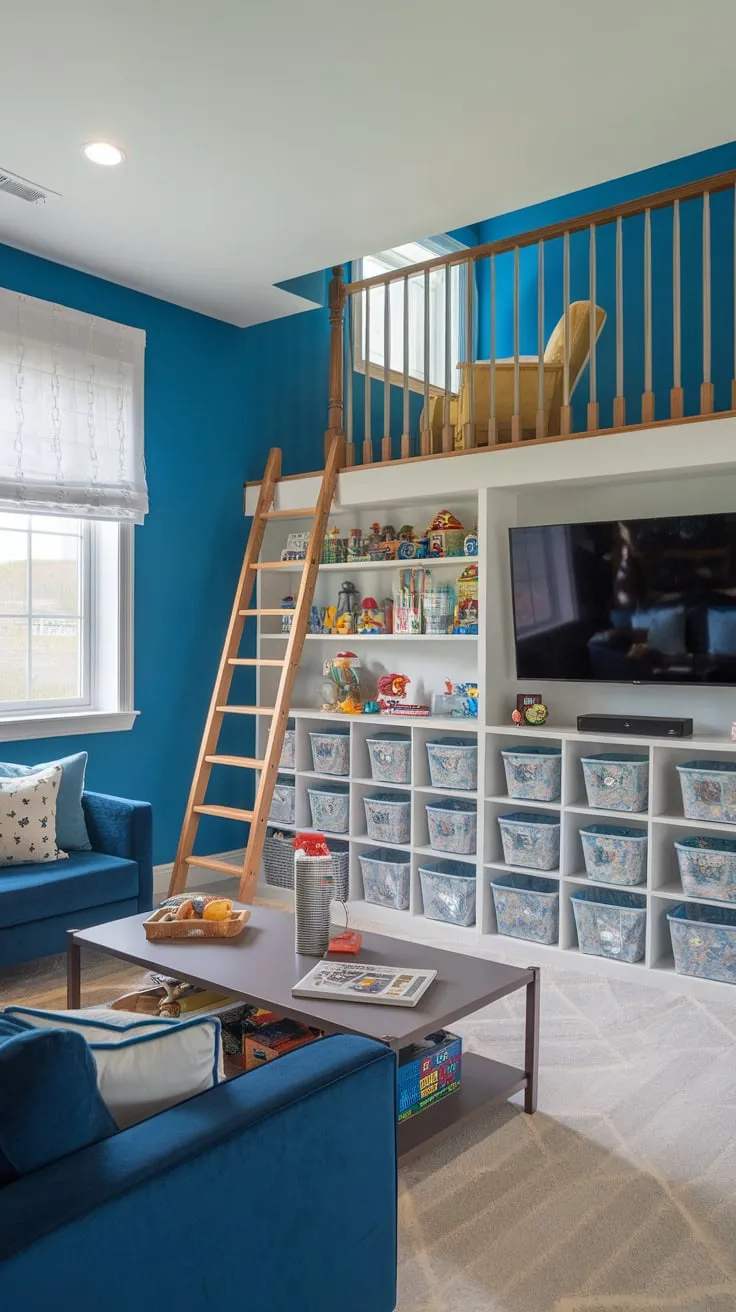 A bright blue basement playroom boasts a comfy couch, toy-filled shelves, a loft accessed by a ladder, and a TV for family fun