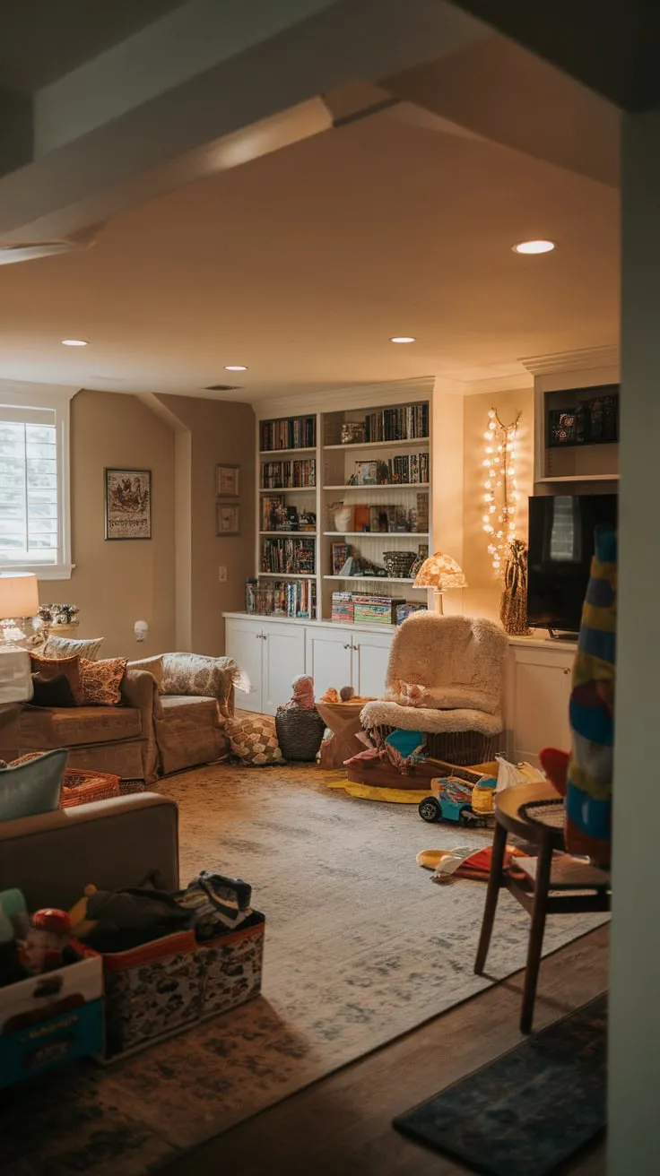 A cozy basement family room seamlessly blends relaxation with playful fun, featuring a comfy couch, bookshelves, a TV, and a delightful scattering of toys and games.