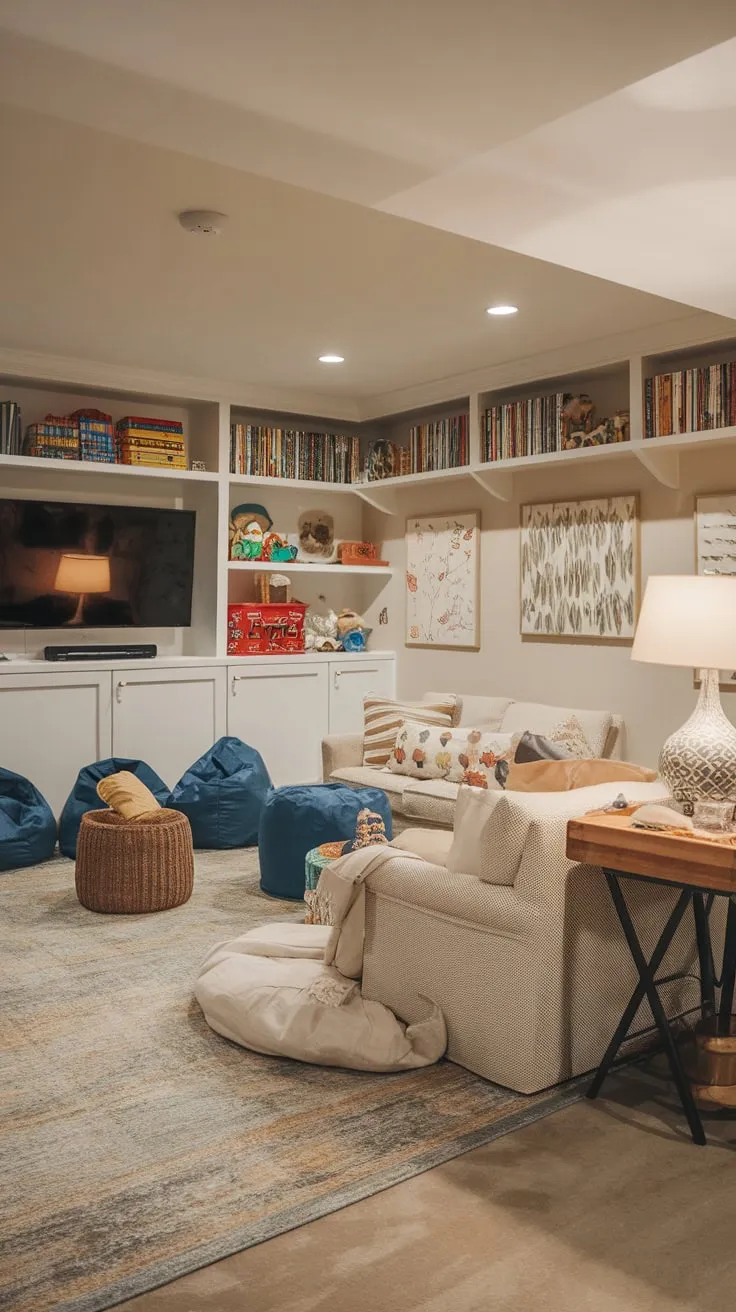 A bright basement playroom boasts comfy seating, toy-filled shelves, and a TV perfect for family fun