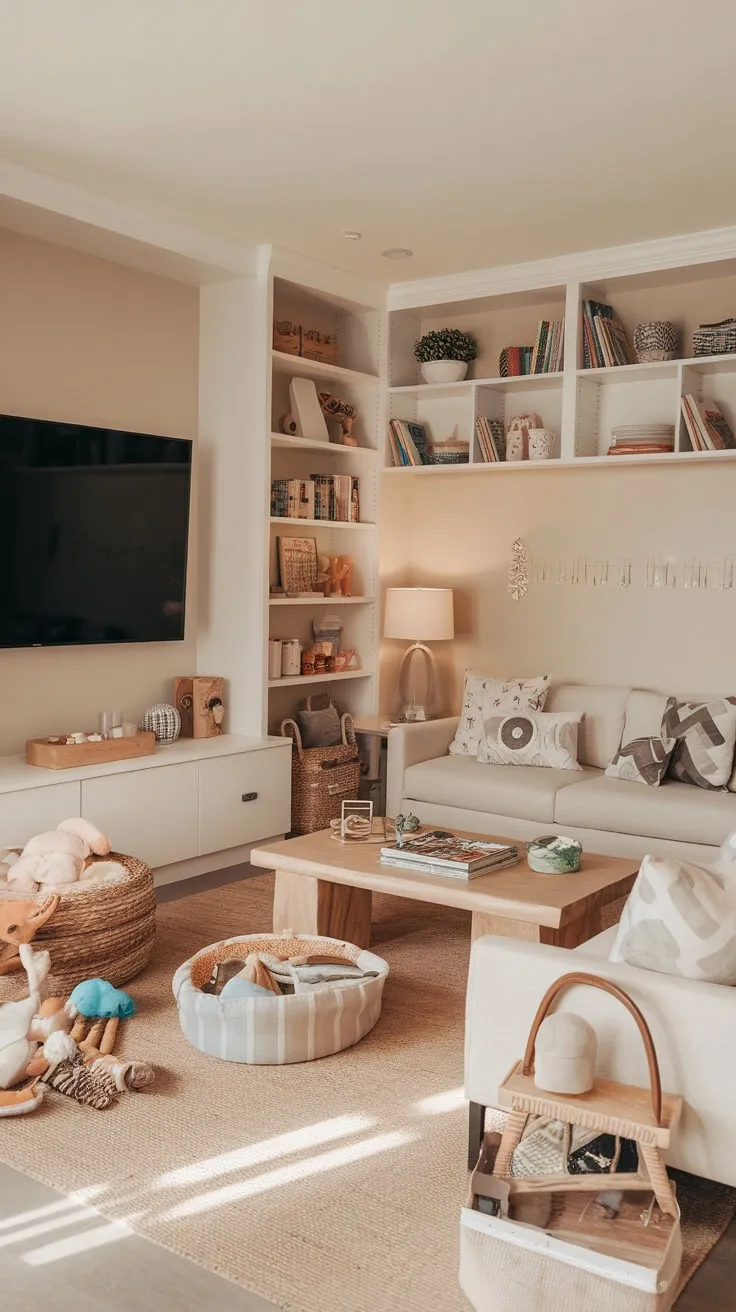 A warm beige family room transforms into a playful haven for kids with scattered toys books and a large TV for family fun