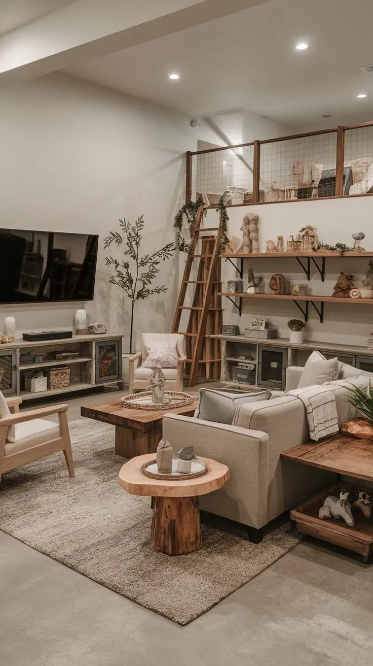 A rustic basement playroom boasts a comfy family area with a TV, loft seating, and plenty of toys, creating a cozy and fun space for everyone.