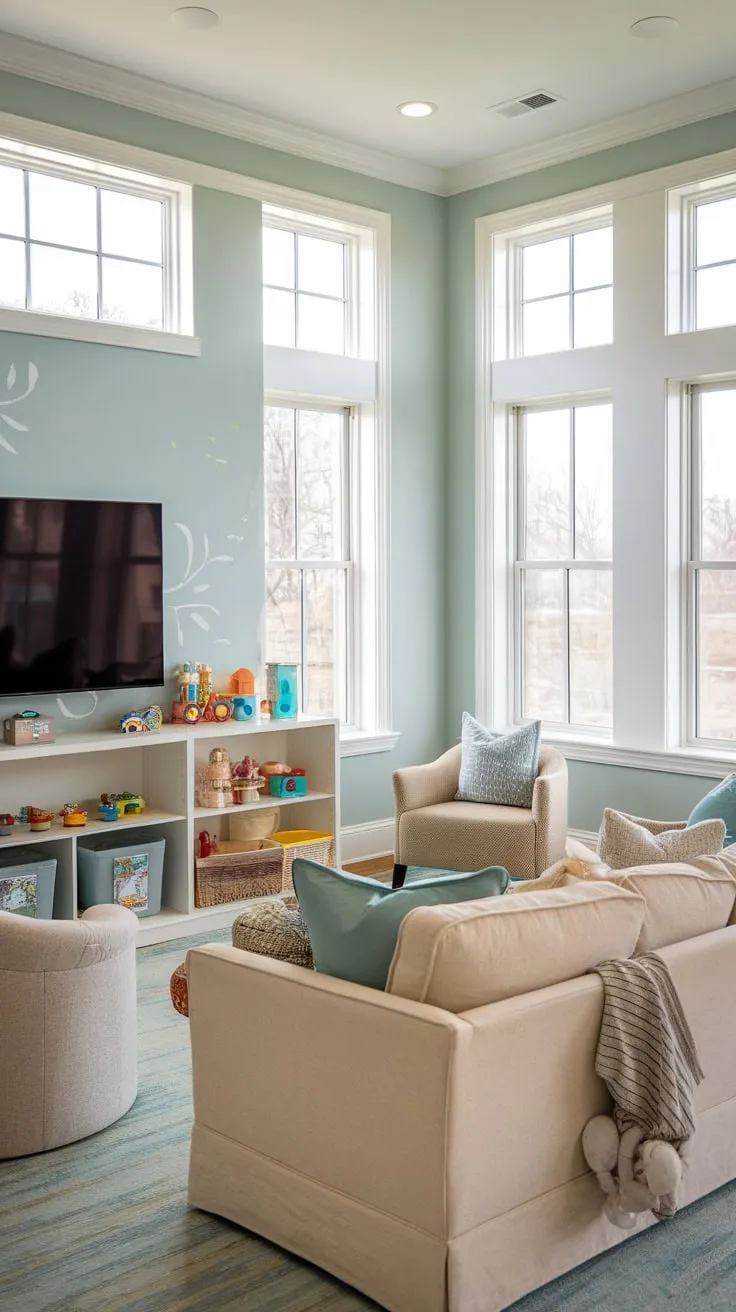 A light blue family room transforms into a playful haven with a TV, comfy seating, and abundant natural light perfect for family fun