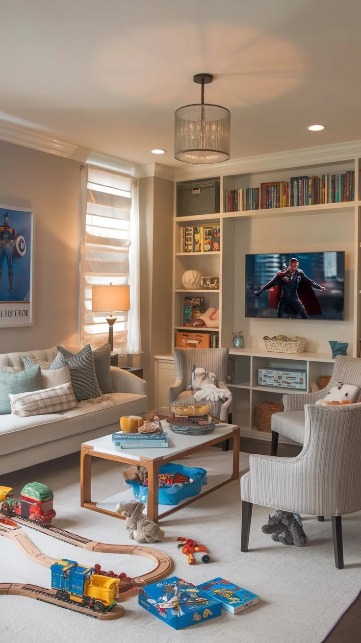 Warm lighting illuminates a dream playroom featuring a TV, comfy furniture, and a delightful array of toys for family fun.