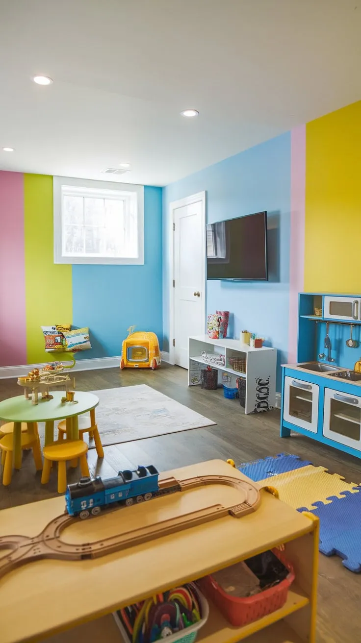 This cheerful basement family room features a train table, reading corner, craft space, and play kitchen, perfect for kids of all ages.