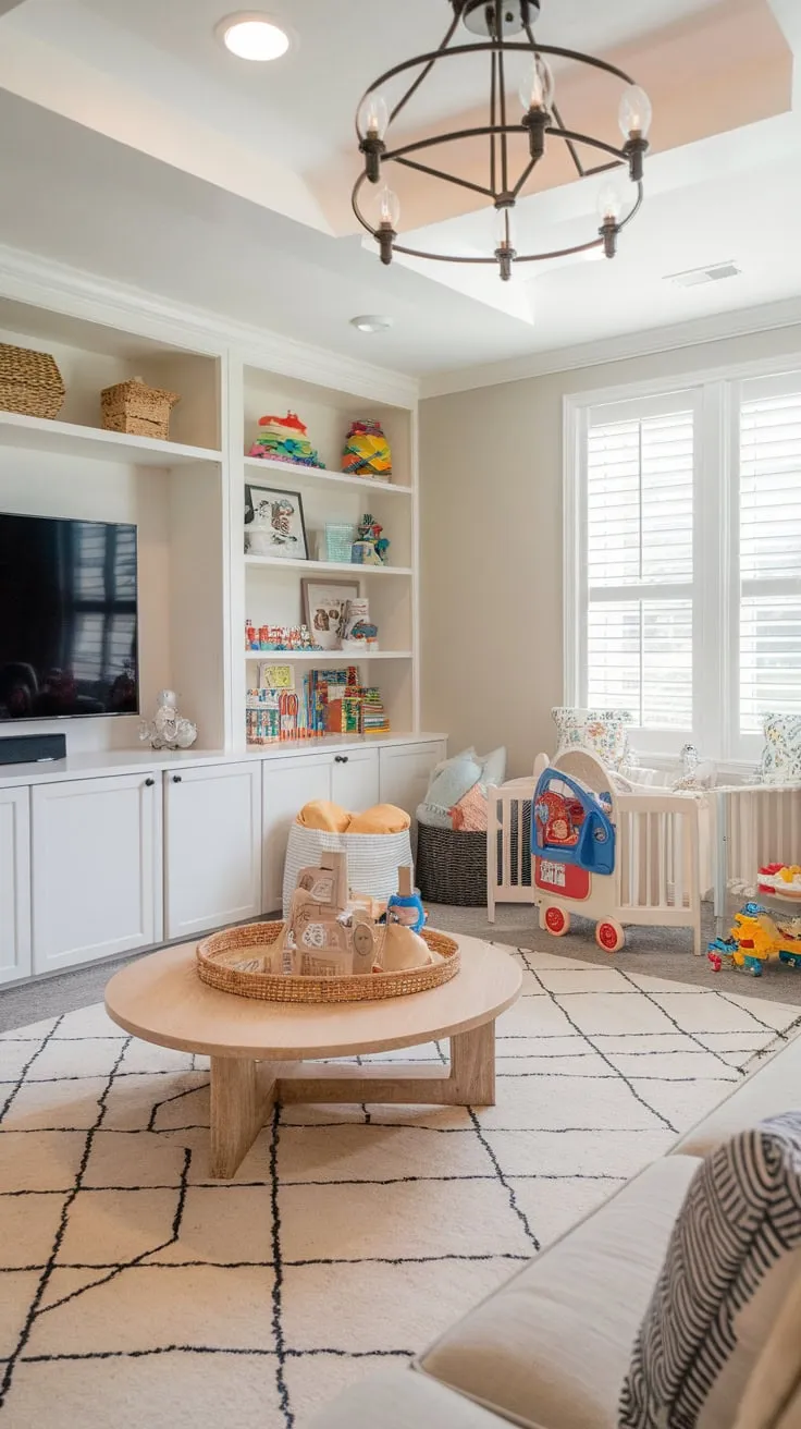 A dream home design offers expansive play spaces for kids, incorporating a family room, basement, and rec room play areas, plus a dedicated toy room and connected bedroom.