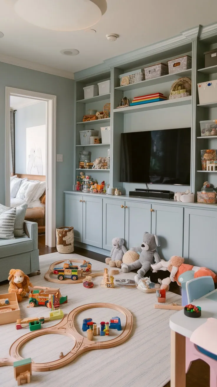 A light blue haven blends family relaxation with imaginative play—a TV-equipped playroom brimming with toys, a comfy couch, and craft-friendly table.