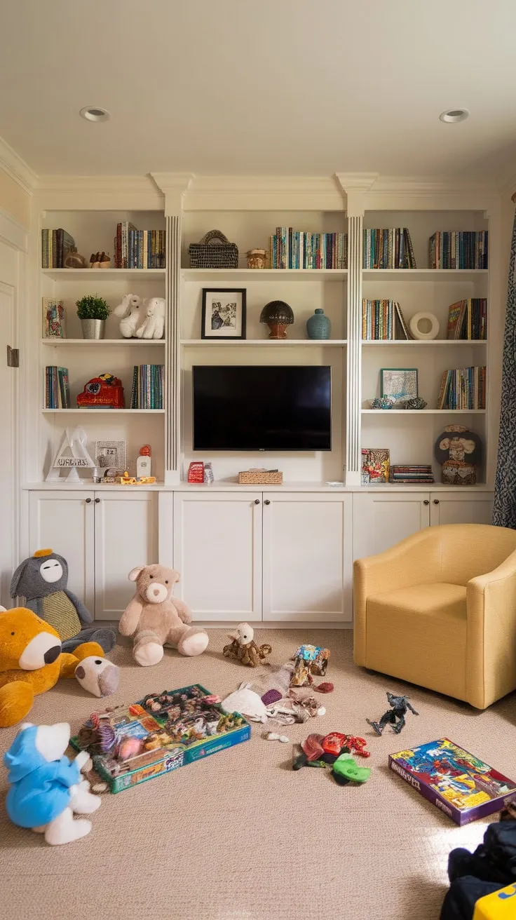 Transform your family room into a playful haven with a TV, toys galore, and a cozy reading nook.