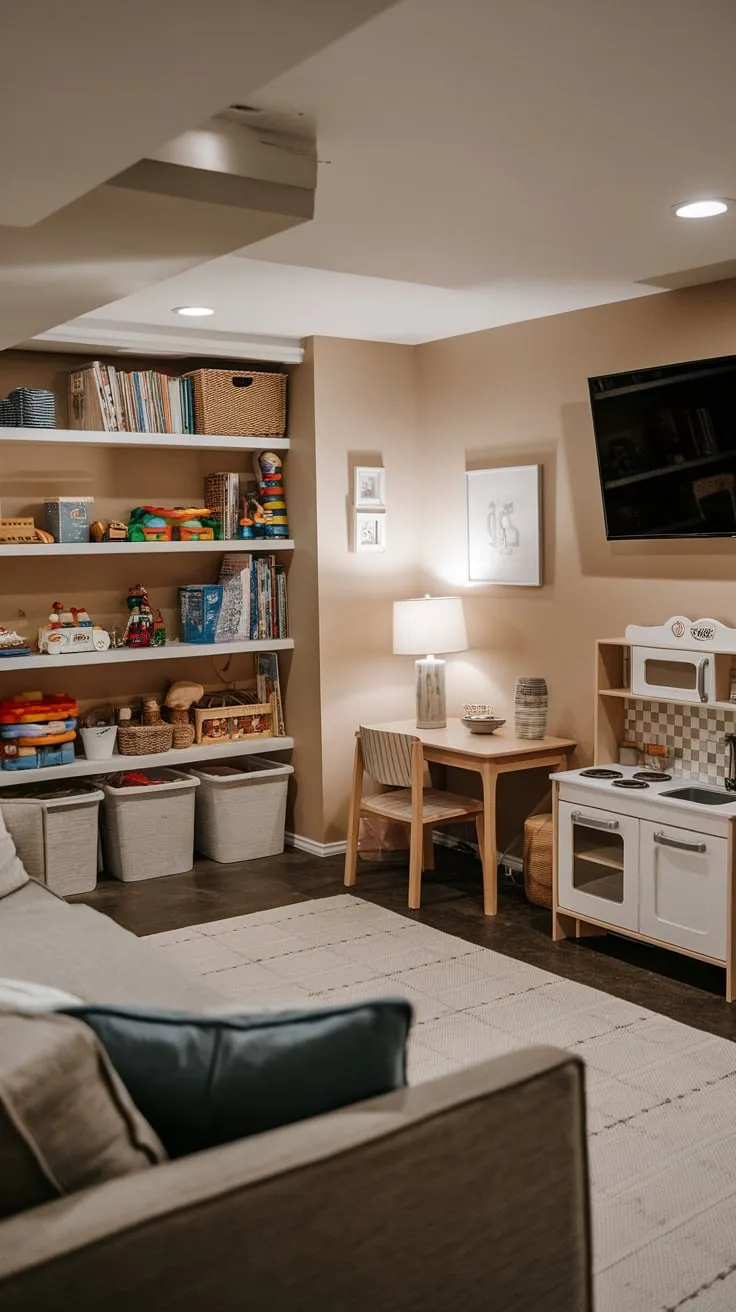 A cozy basement family room seamlessly blends comfortable seating with a dedicated play area, complete with toys, a play kitchen, and entertainment.