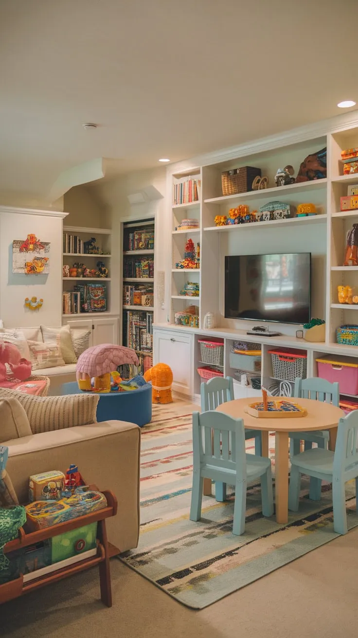 A bright basement playroom boasts colorful toys games and comfy furniture perfect for family fun