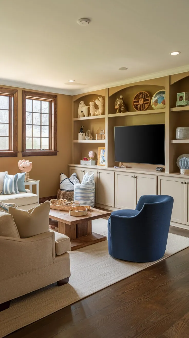 A cozy basement family room transforms into a playful haven with a TV, comfy seating, and toy-filled shelves, perfect for family fun.